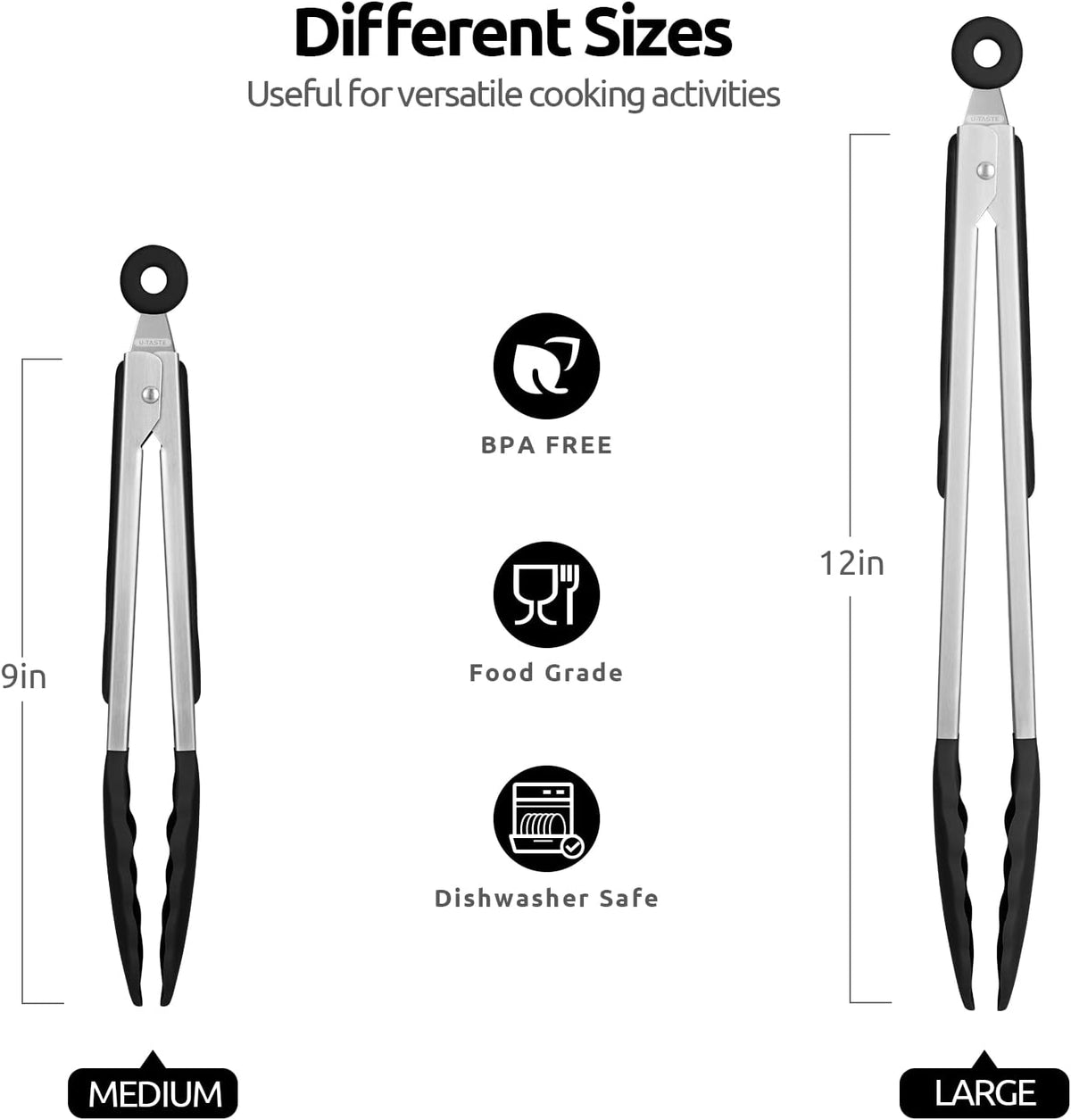 600ºF Heat Resistant Kitchen Tongs: U-Taste 9+12 inch Silicone Cooking Tong Set with Firm Sealed Non Stick Rubber Tips and Silicon Coated 18/8 Stainless Steel Handle for Serving Grilling Salad (Black)