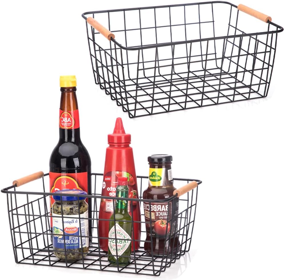 Metal Wire Food Storage Basket Organizer with Wooden Handles for Organizing Kitchen Cabinets, 4 Packs-Black