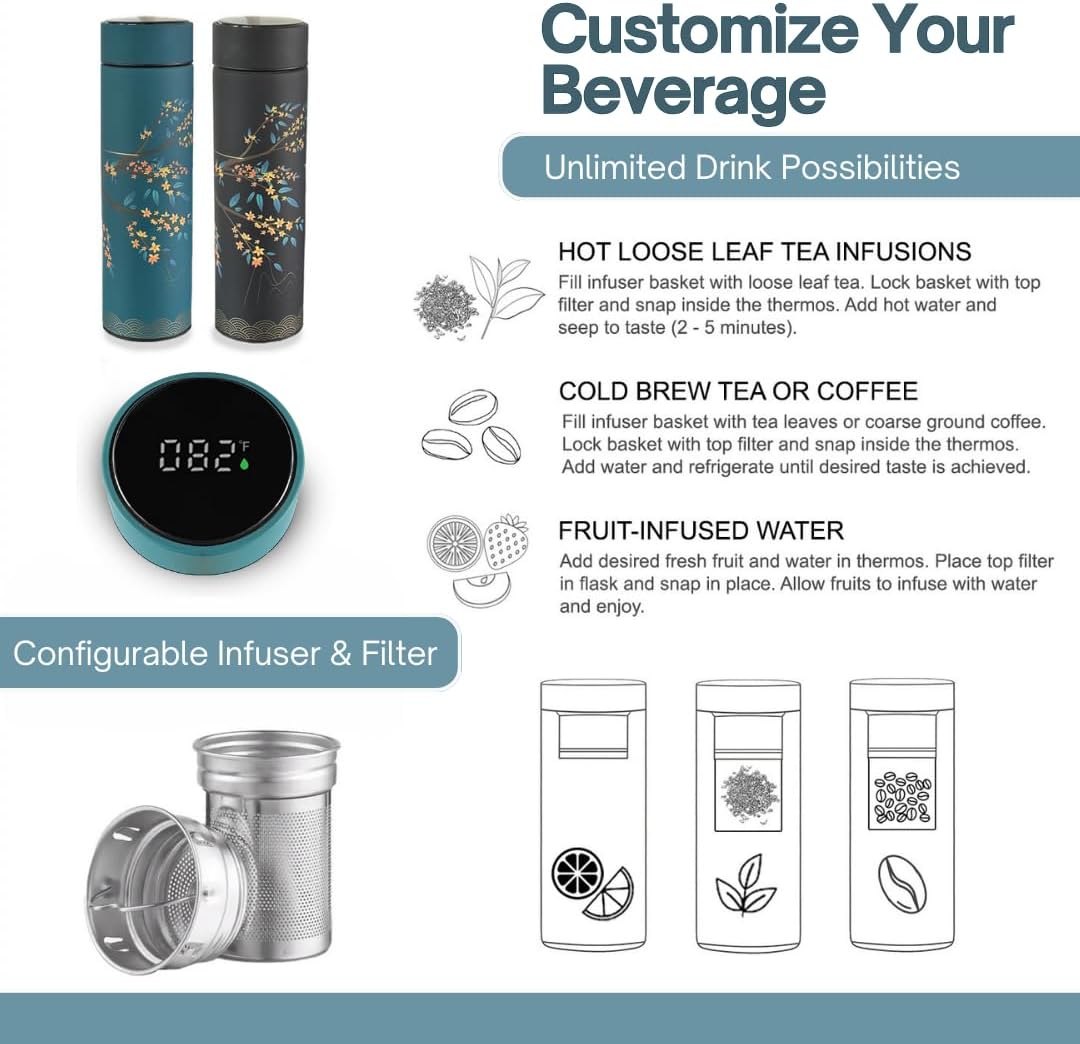 Farasi Tea Infuser for Loose Leaf Tea Smart Water Bottle with Fahrenheit Temperature Display, Stainless Steel Insulated Coffee and Fruit Tea Infuser Bottle - Green Floral Travel Tea Mug 15 oz