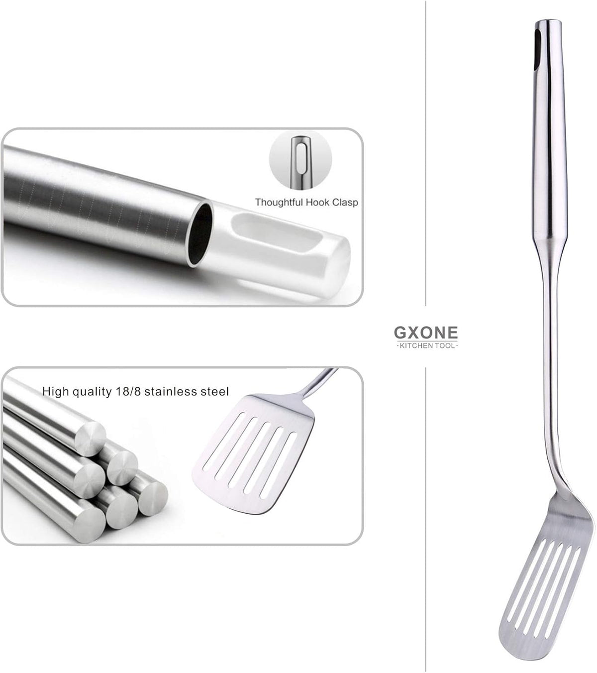 Stainless Steel Slotted Spatula,Cooking Utensil For Kitchen Use With Hollow Handle,Silver/14.9Inch
