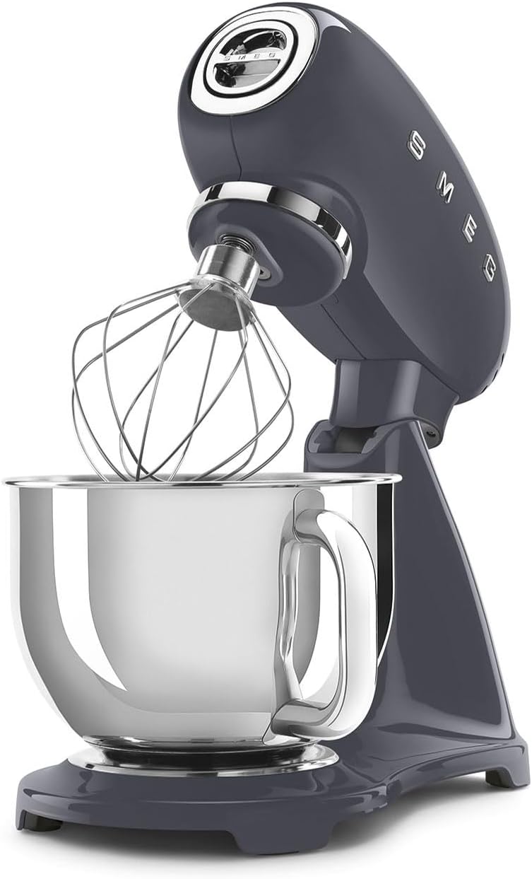 SMEG SMF03 Stand Mixer – 5 Qt Tilt-Head Mixer with Stainless Steel Bowl, 10 Speeds, Retro 50s Vintage Style – Gray