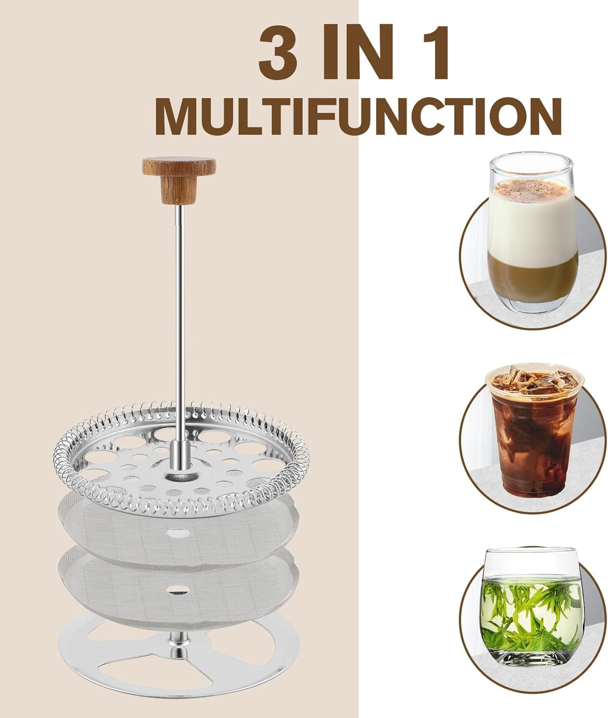 Rorence 34oz French Press Coffee Maker, Coffee Press with Real Wood Handle & Plunger Head, Double Wall Insulation & Dual-Filter Screen, incl. replaced filters & instructions, Black