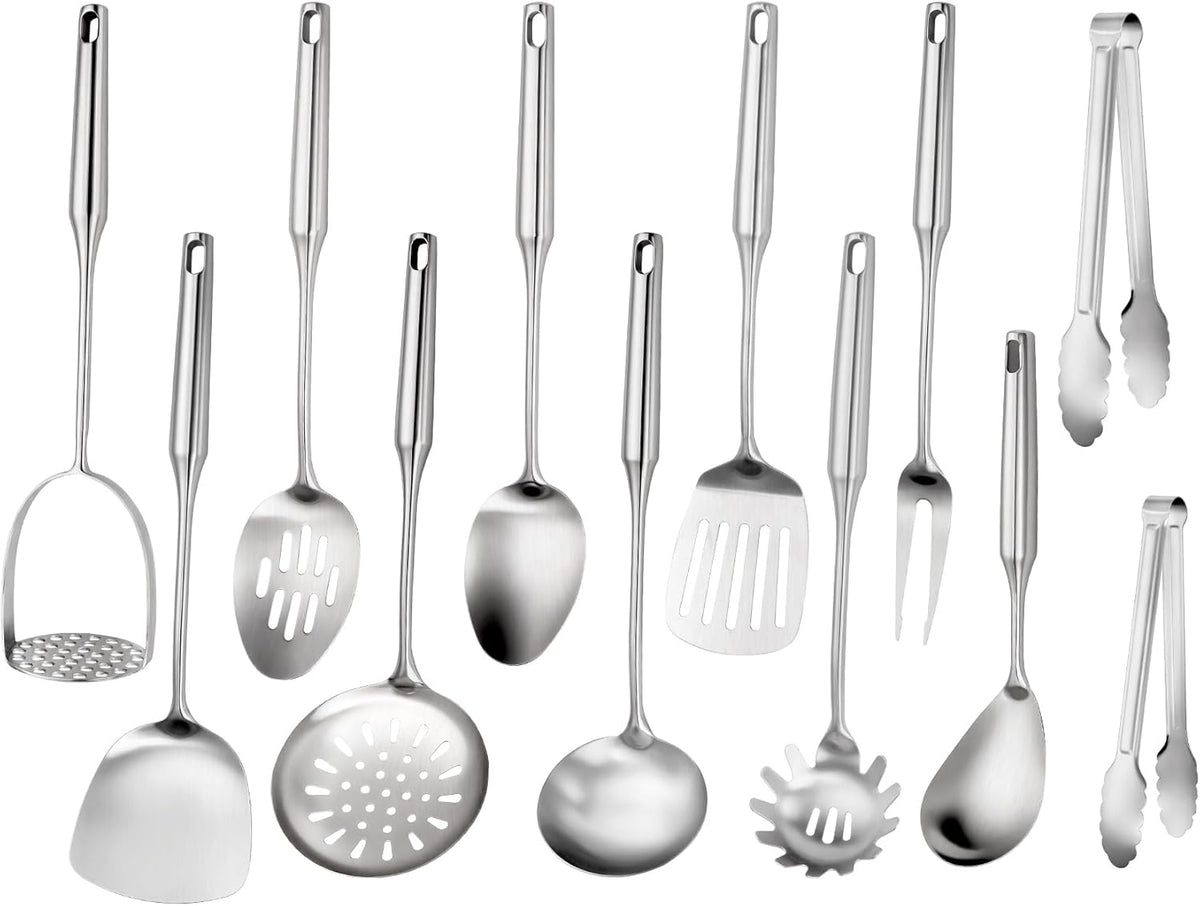 304 Stainlss Steel Kitchen Utensils Set, 12 Pcs Long Metal Utensils Set with Potato Masher, Spoon, Ladle, Skimmer, Turner, Pasta Server, Tongs etc(Dishwasher Safe)