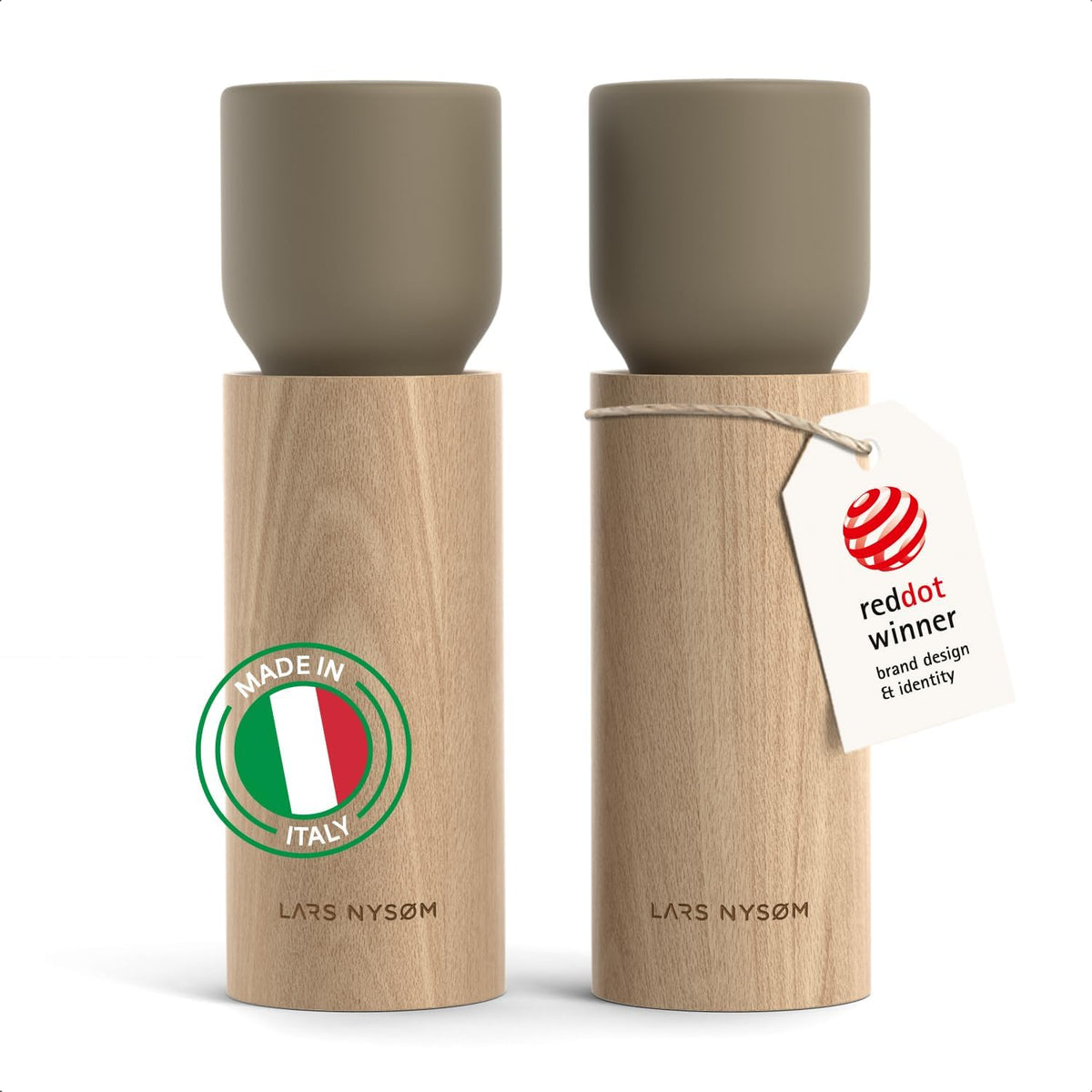 LARS NYSØM Wooden Salt and Pepper Grinder Set Manual - Salt and Pepper Mills with Adjustable Ceramic Grinder - Elegant Beechwood Pepper and Salt Mill Set for Dining Table (Taupe Brown)