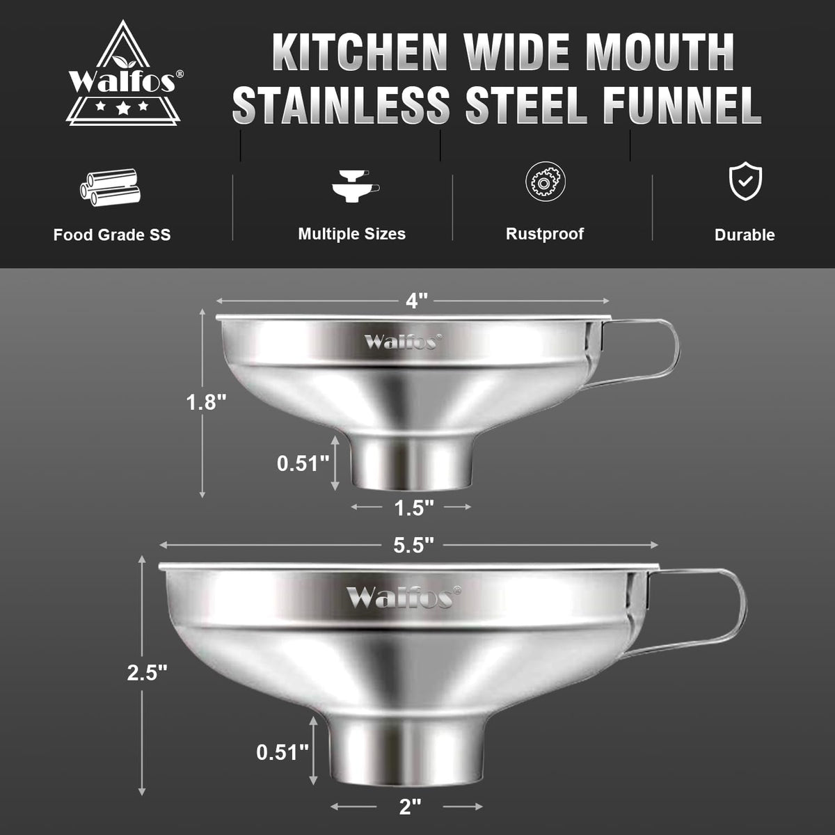Walfos 2 Pack (4in & 5.5in) Stainless Steel Wide-Mouth Funnel with Handle for Wide and Regular Mason Jars Canning Jars, Wide-Mouth Funnels for Kitchen Use,Transferring Liquid and Dry Ingredients