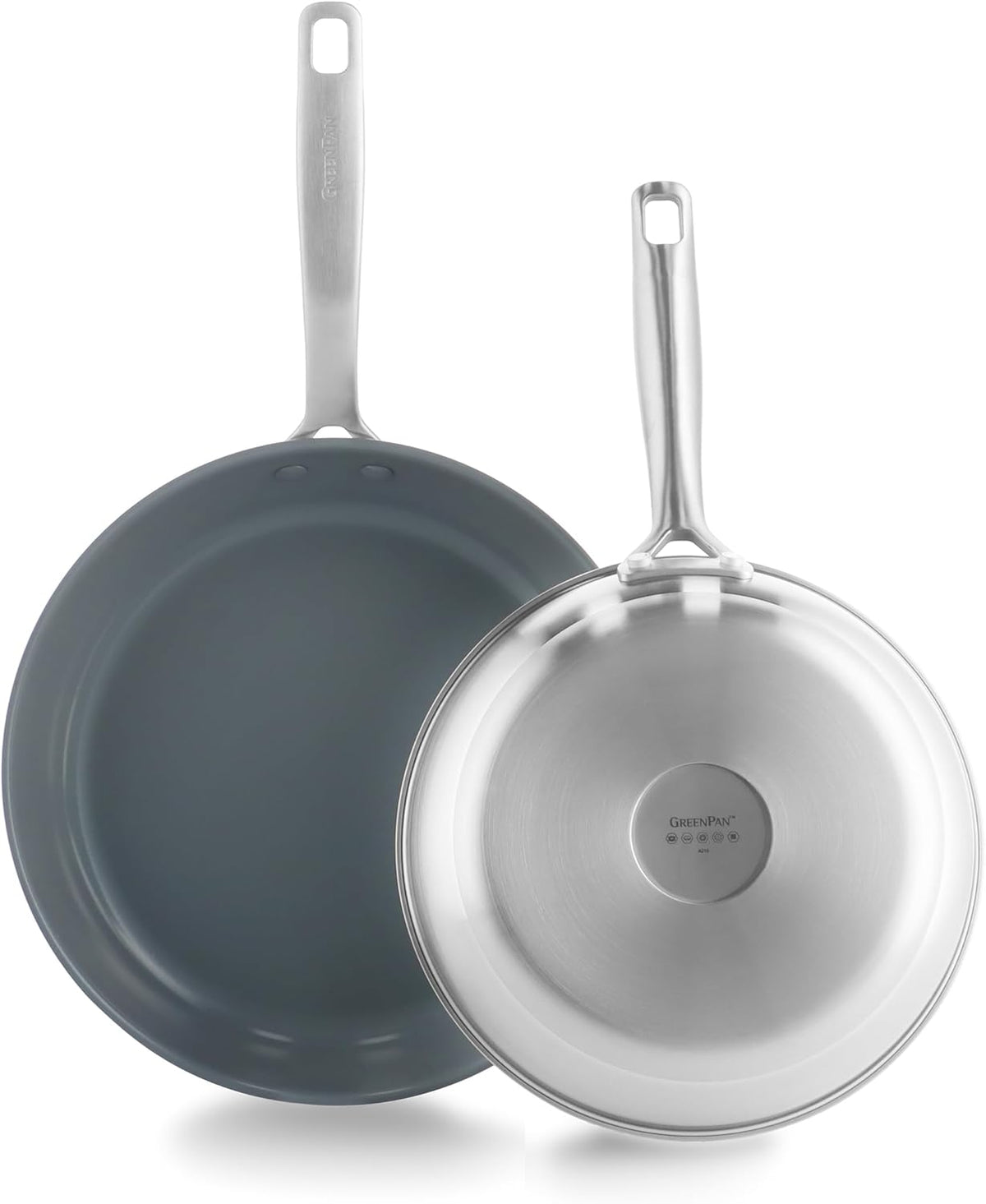 GreenPan Treviso 9.5” and 11” Frying Pan skillet Set, Non-Toxic PFAS-Free Stainless Steel Ceramic Nonstick Coating, Induction Suitable, Multi Clad, Pouring Rims, Dishwasher & Oven Safe to 600°