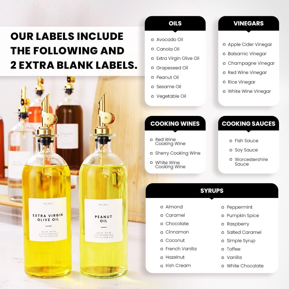 Molimoli Oil and Vinegar Dispenser with Metal Pour Spout, Weighted Pourer, Glass Bottle Dispenser for Kitchen, Olive Oil Cruet, Glass Olive Oil Bottle | 500ml, Set of 4