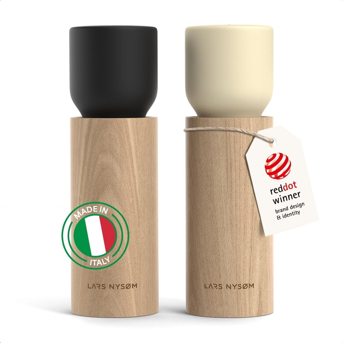 LARS NYSØM Wooden Salt and Pepper Grinder Set Manual - Salt and Pepper Mills with Adjustable Ceramic Grinder - Elegant Beechwood Pepper and Salt Mill Set for Dining Table (Black/Beige)