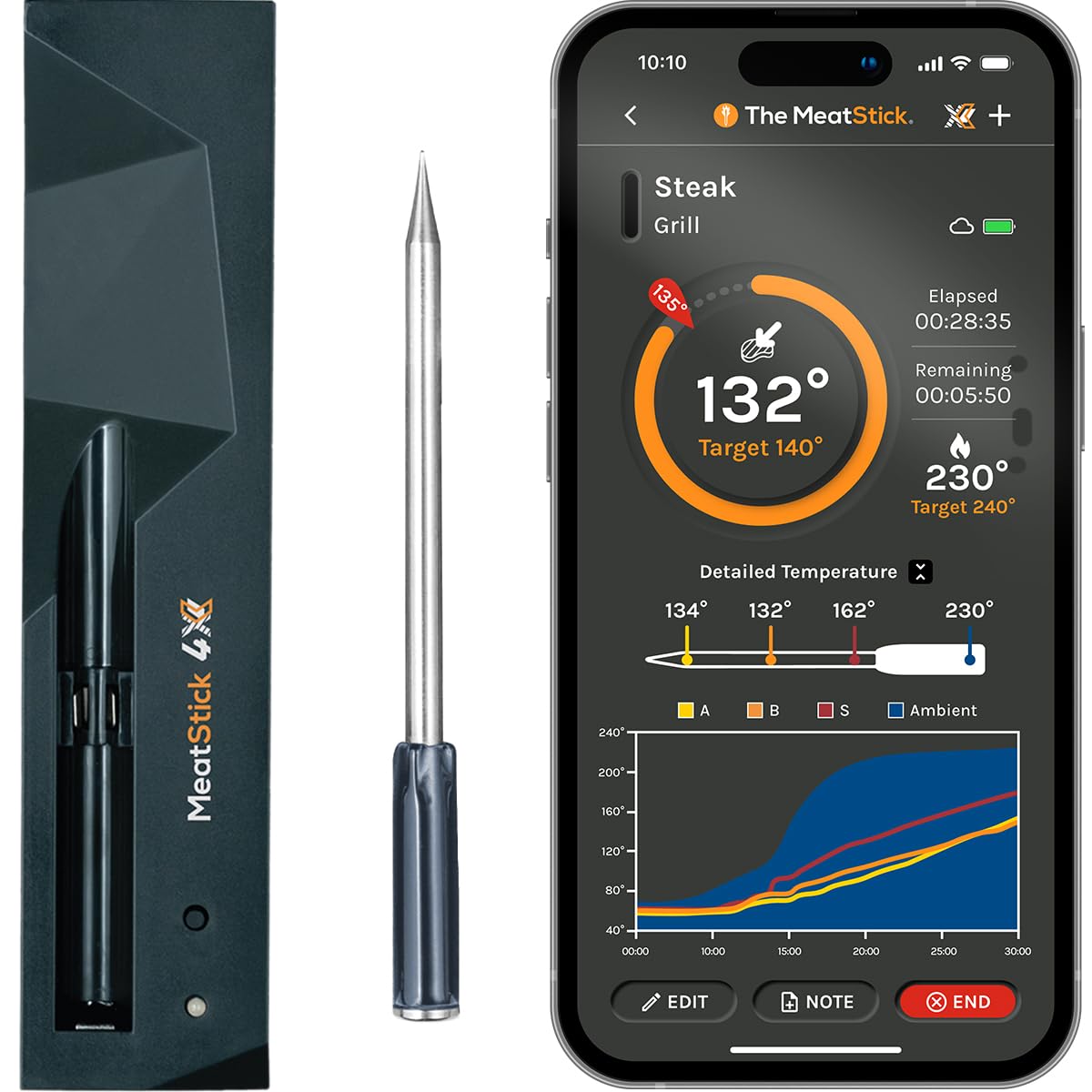 MeatStick 4X Wireless Meat Thermometer for Grilling and Smoking, Bluetooth Temperature Probe with 4 Sensors, 650ft+ Range for BBQ, Smoker, Oven
