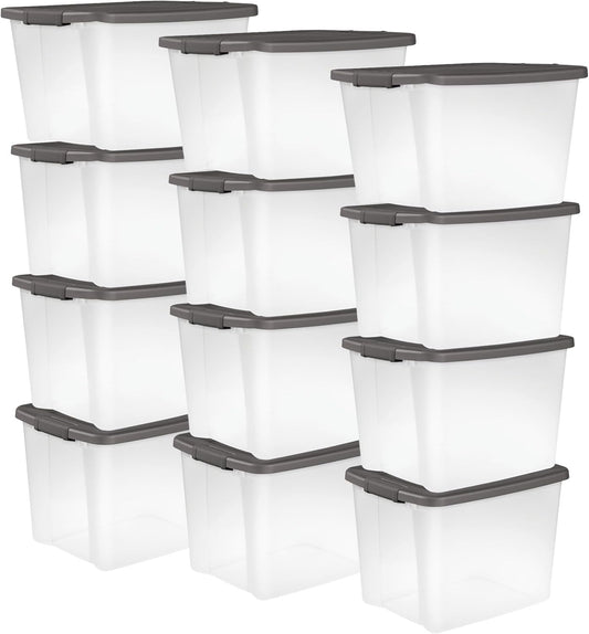 Sterilite 12-Pack Plastic Storage Bins w/ Lids, Shelf Totes Large Clear Totes, 50 Qt, Gray