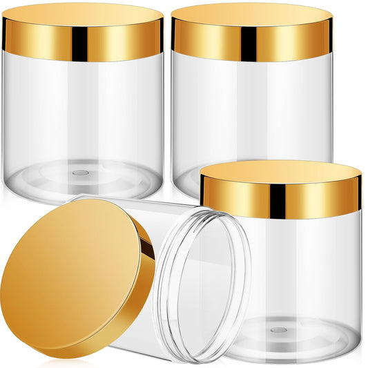 Patelai 4 Pieces Round Wide-mouth Leak Proof Plastic Container Jars with Lids for Travel Storage Makeup Beauty Products Face Creams Oils Salves Ointments DIY Making(16 Ounce,Gold)