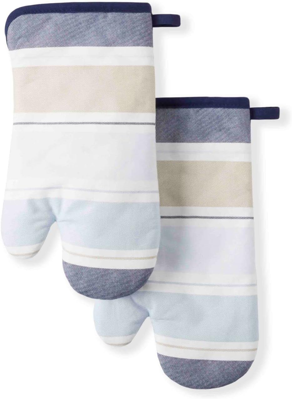 Martha Stewart Thin Stripe Oven Mitt 2-Pack Set, Blue, 7"x13"