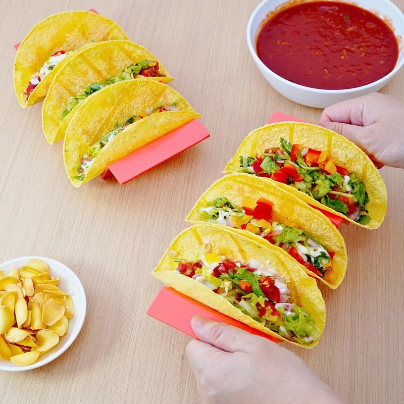 TP Taco Holder Stands, Set of 2 Melamine Large Taco Serving Rack Tray with Handle, Holds 3 Tacos, Dishwasher Safe, Ideal for Taco Night, Party, Home, Fiesta, Red