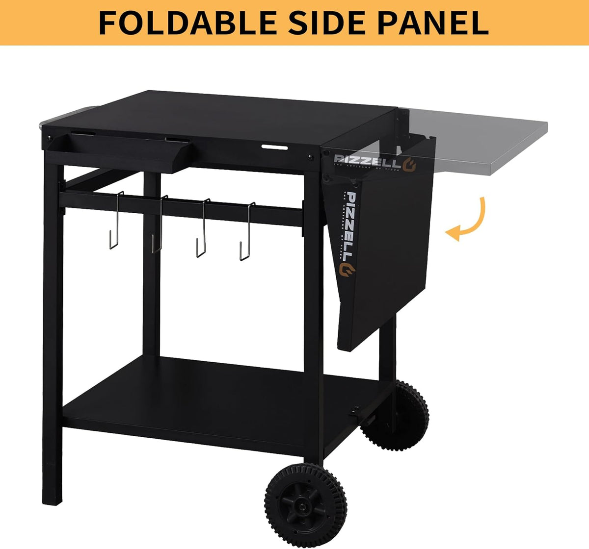 Garden Cart 2 Layers Grill Cart for Outdoor Foldable Shelf Worktable Outside Kitchen Pizza Oven Stand Trolley with Handle, Wheels, and Hooks