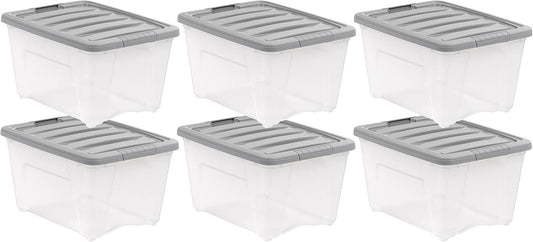 Amazon Basics Plastic Storage Containers with Secure Latching Lids, Stackable Organization Bins, 32 Quart, Set of 6, Clear/Grey