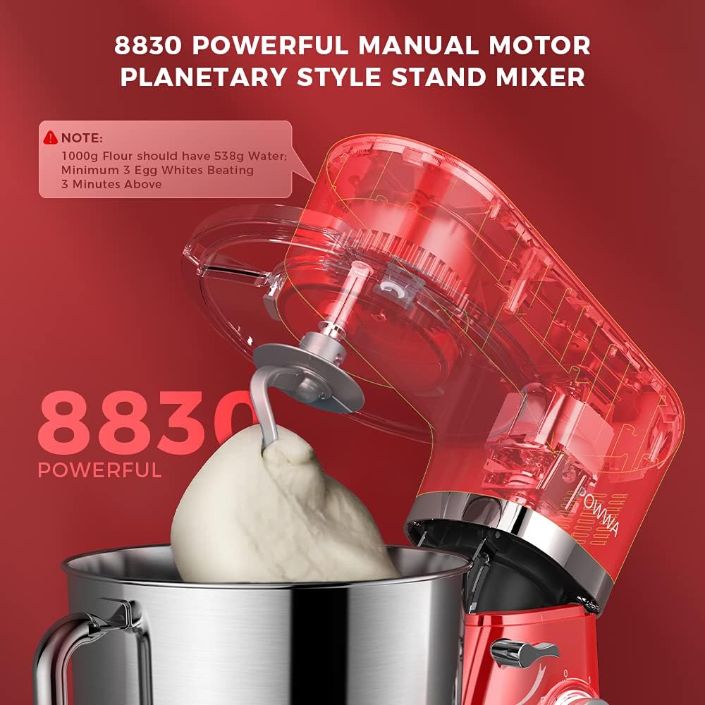 Stand Mixer, POWWA 7.5 QT Electric Mixer, 6+P Speed 660W Household Tilt-Head Kitchen Food Mixers with Whisk, Dough Hook, Mixing Beater & Splash Guard for Baking, Cake, Cookie, Kneading (Red)