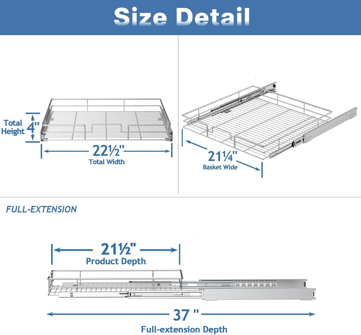 ROOMTEC Pull Out Cabinet Organizer, Cabinet Pull Out Shelves 22½" W x 21½" D, Heavy Duty Cabinet Drawers Slide Out Kitchen Cabinet Organizers Storage Shelf