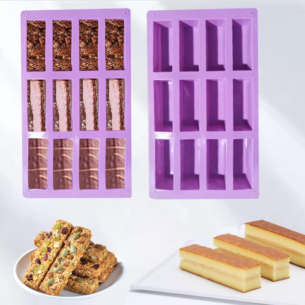 3Pcs oat bar mold - 12rectangle silicone molds - Chocolate silicone mold for baking candies/energy bars, cheesecake, dried fruit cereal cookies (3, purple)