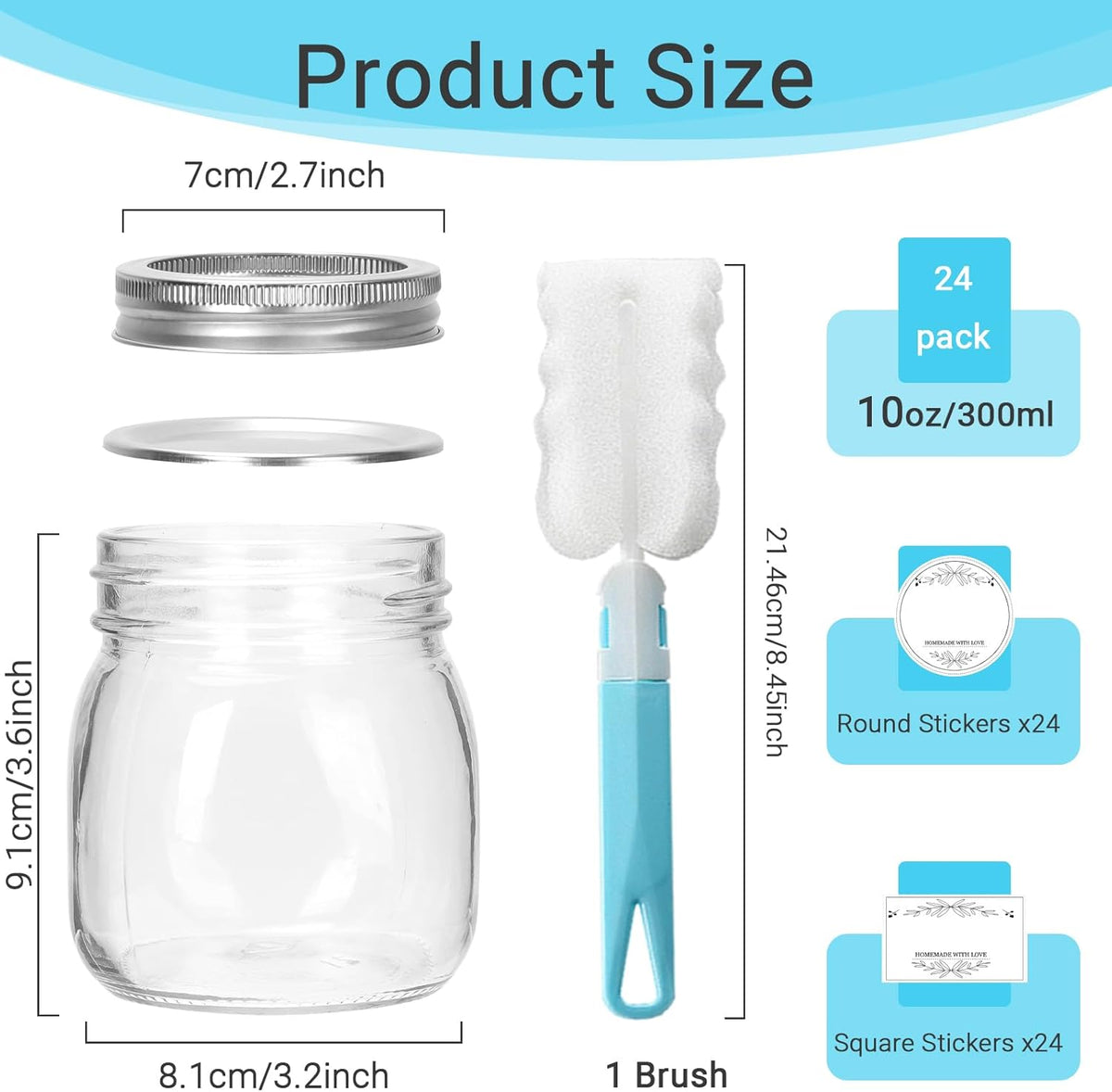 10 oz Glass Mason Jars, 24 Pack Regular Mouth Glass Canning Jars with Silver Aluminum Lids and Bands, Airtight Jam Jars for Food Storage, Pickling, Fermenting, Honey, Jelly, DIY Candles Decor