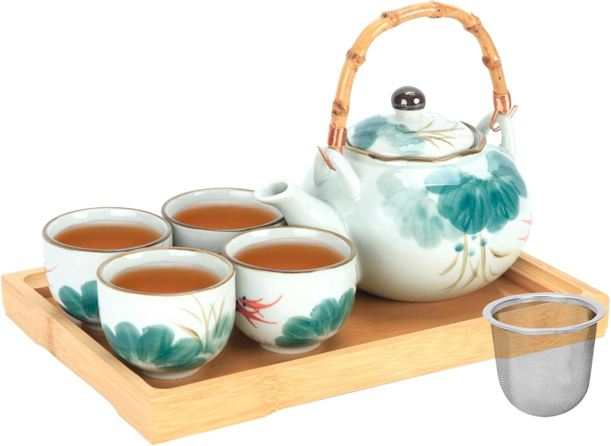 Japanese Tea Set Porcelain Tea Set with Teapot and Tea Cup Set for 4, Green and White Tea Sets for Adults with Stainless Infuser and Bamboo Tray, Asian Tea Set for Tea Lovers/Women/Men (Lotus)