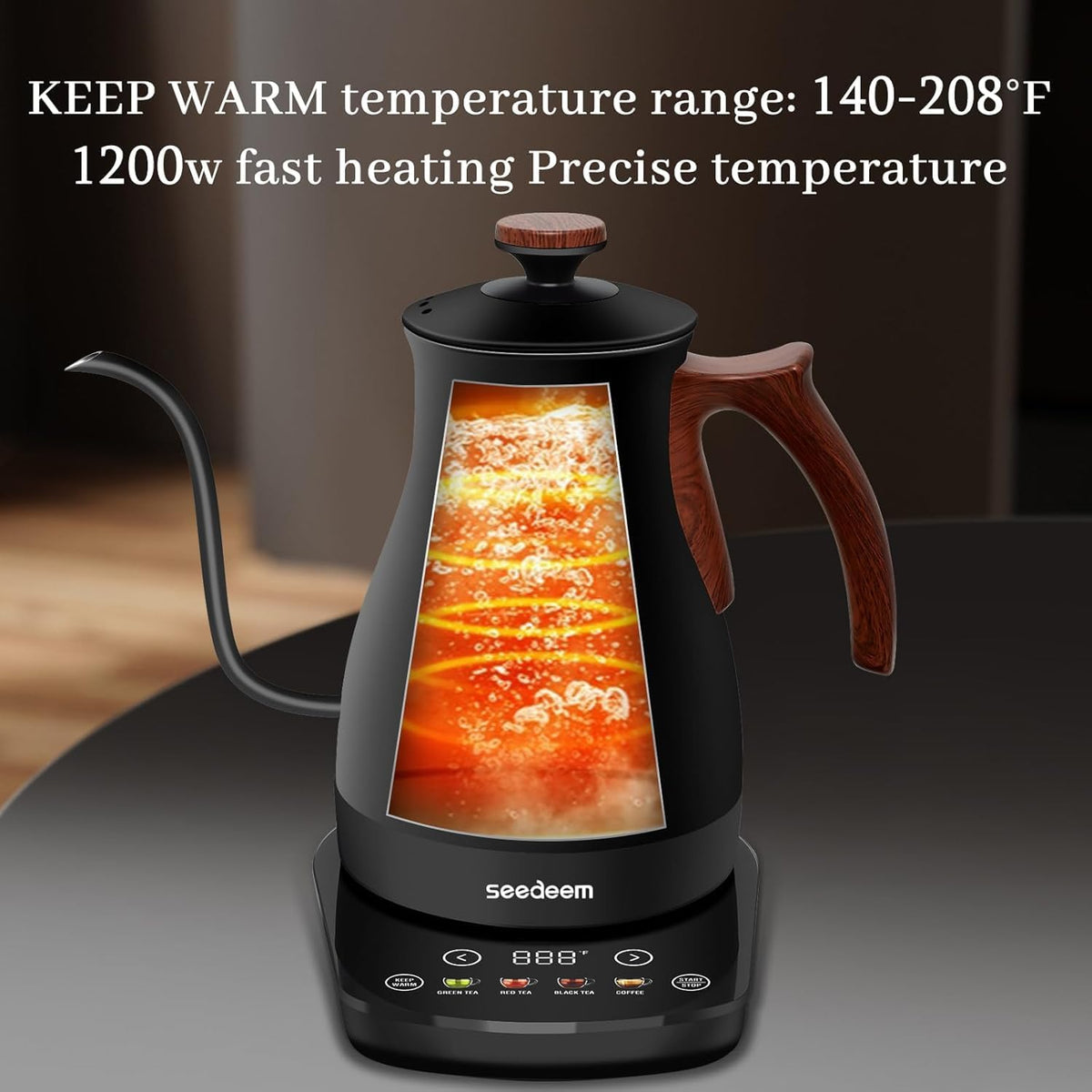 SEEDEEM Gooseneck Electric Kettle, 1L 1200W Touch Screen Pour-Over Kettle with 4 Heating Modes, ±1℉ Temp Control, Keep Warm Function, for Tea & Coffee, Black