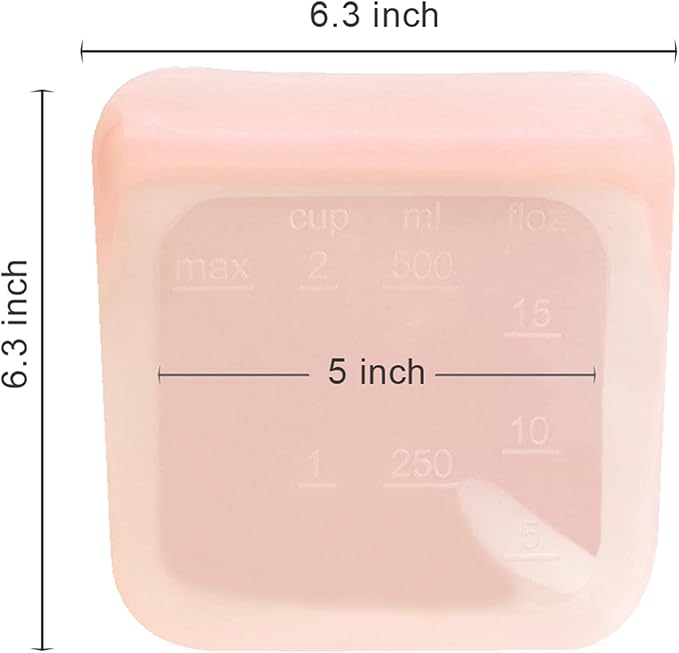 purifyou Set of 5 Reusable Silicone Storage Snack Bags 6oz / 16oz / 32oz / 64oz Self-Seal Food Storage Container for Fruits, Vegetables, Sandwiches, Dishwasher Safe & Leak-free (CloudPink, 16oz)