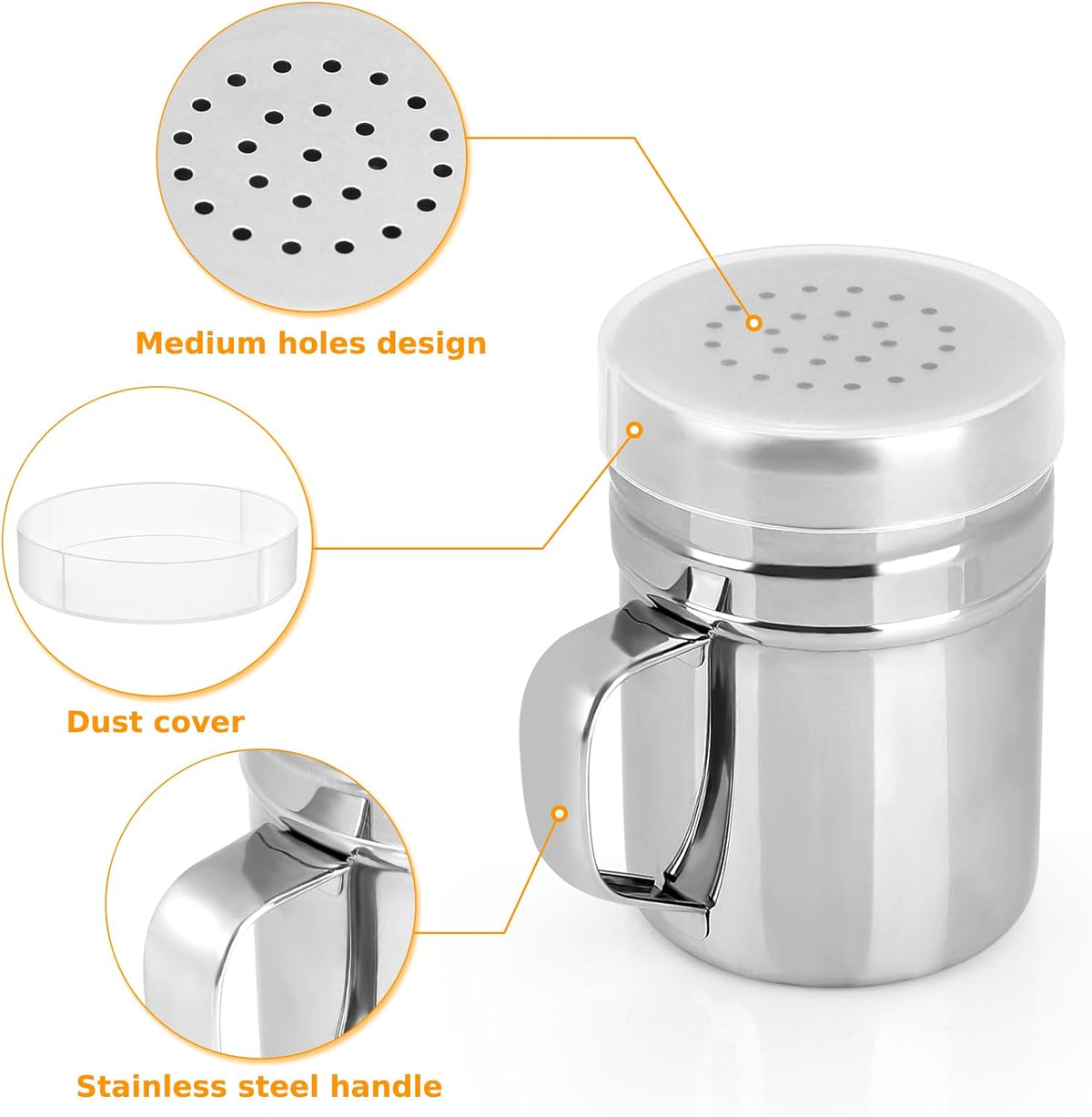 Accmor 2pcs Stainless Steel Dredge, Salt Pepper Dredge Shakers with Handle, Seasonings Spice Shakers with Lid, 6 Ounce