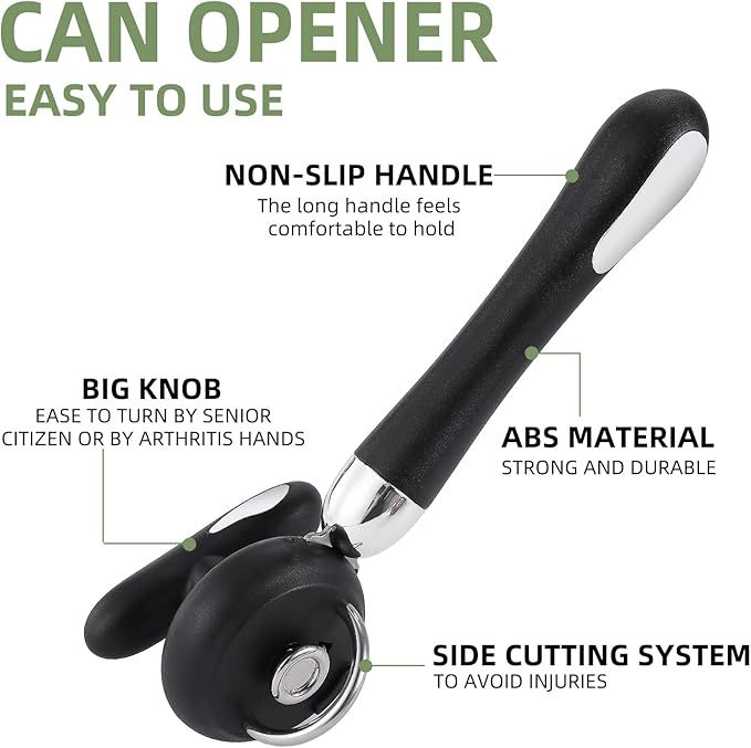 Can Opener Manual Tin Opener Stainless Steel Heavy Duty, Oversized Hand-held Easy Rotary Knob, Safe Cut Manual Can Opener with Non-Slip Handle, Smoother Cut Sharp Blade for Seniors Kitchen Tool, Black