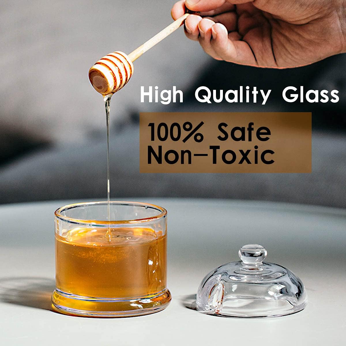 Glass Honey Jar with Wooden Dipper and Glass Lid,Honey Pot Dispenser for Store Honey and Syru,10 Ounces