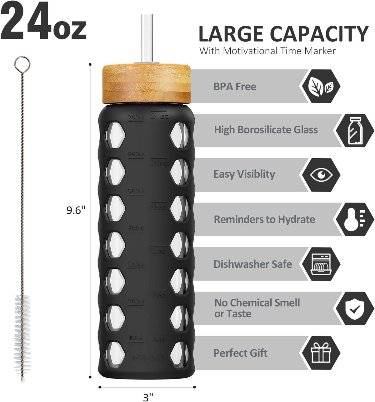 MUKOKO 24oz Glass Water Bottle with 2 Lids-Handle Flip Lid&Bamboo Straw Lid,Motivational Water Tumbler with Time Marker Reminder and Silicone Sleeve, Leakproof-Black