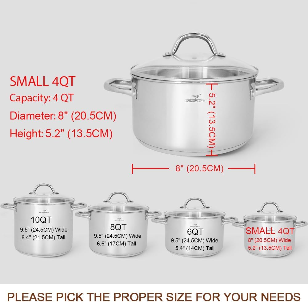 HOMICHEF Small Stock Pot 4 Quart Nickel Free Stainless Steel - 4 Qt Stockpot With Lid - Induction Pot