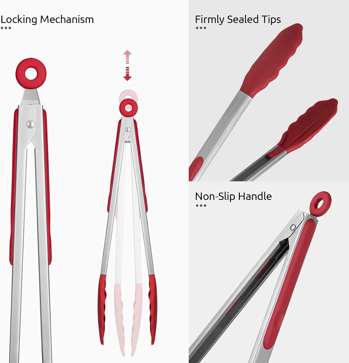 Heat Resistant Silicone Kitchen Tong: U-Taste 12 inch Large 480ºF Hot Proof Cooking Tong with Sturdy Non Stick Rubber Tips & Silicon Coated Steel Handle & Smooth Locking for Serving Grill Salad (Red)