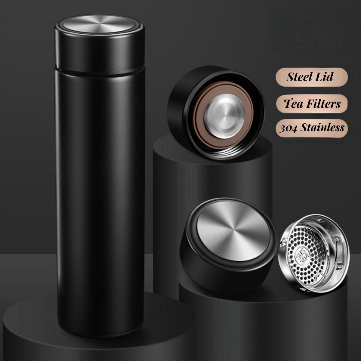 Insulated Water Bottles- Vacuum Tumbler for Coffee, Tea and Drinks with Stainless Steel Infuser - 15 oz Tea Thermo Travel Bottle/Keeps Drinks Hot or Cold for Hours/Gift Packing(Black)