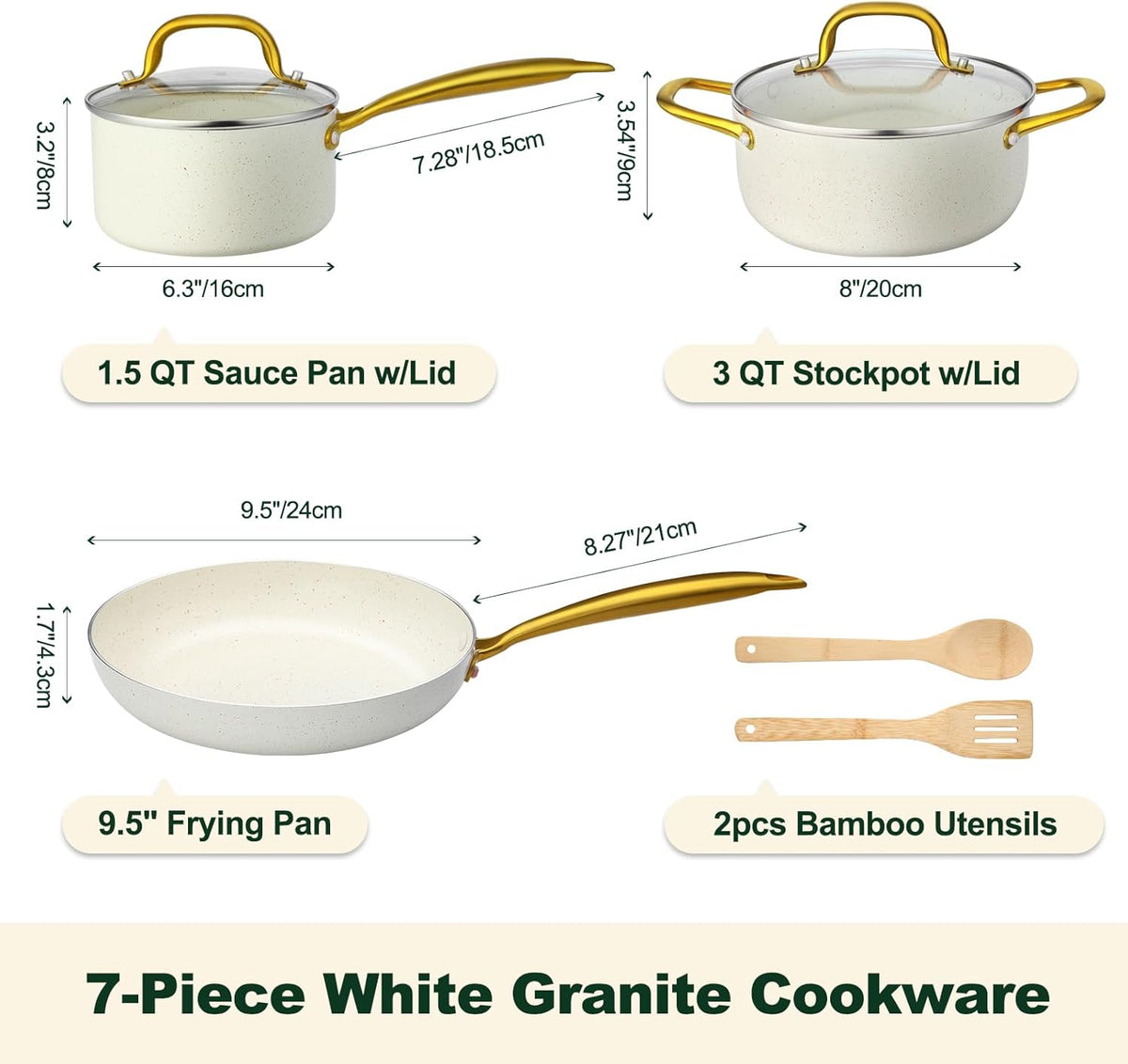 Pots and Pans Set Non Stick, 7 Piece White Granite Induction Cookware Set, Nonstick Kitchen Cooking Set with Gold Handle and Utensil, Oven Safe (PFOS, PFOA Free)