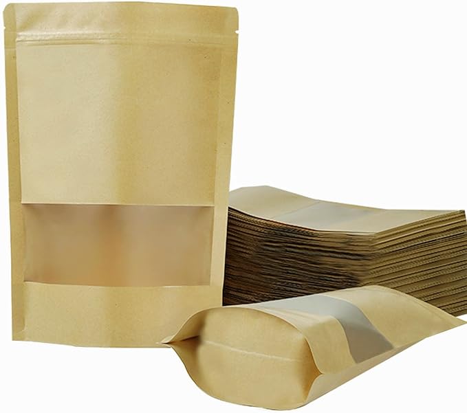 100 PCS Resealable Bags, Stand Up Kraft Paper Bags with Matte Window, Zipper Lock Food Storage Bags for Small Business and Home, 7.87 * 11.81 Inches Reusable Sealable Bags for Packaging