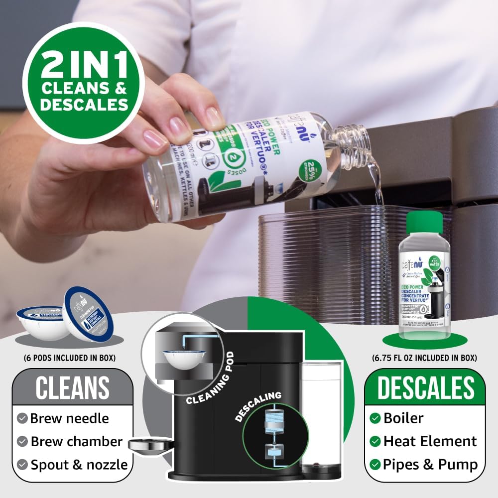 Caffenu Descaling Kit Compatible with Nespresso Vertuo, 2 Uses Descaling Solution and 6 Cleaner Pods. Removes Limescale & Cleans Pod Area. Better Tasting & Hotter Coffee. 4 Months Supply.
