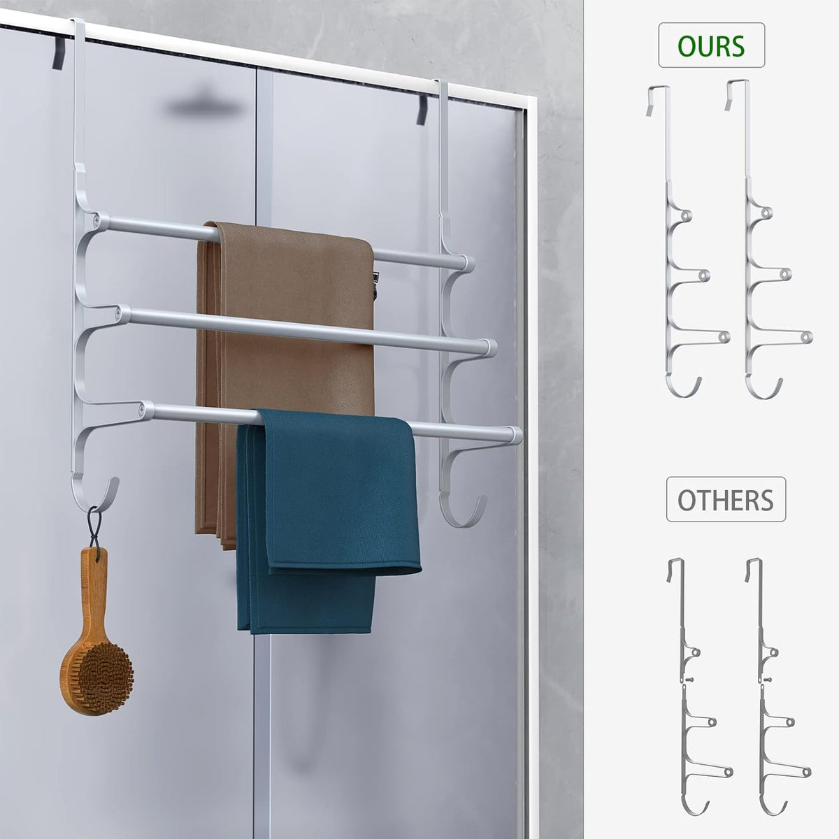 Over The Door Towel Rack, Triple Towel Storage Holder with Hooks, 24.02 Inches Towel Bar Hanger Towel Racks for Bathroom (Silver)