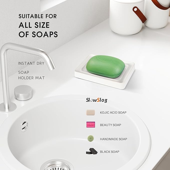 1 Pack Diatomite Soap Dish Holder, Quick Dry Stone Bath Tray, Diatomaceous Earth Stone Soap Holder, Water Absorbent Rectangular Soap Dish for Bar Soap, White