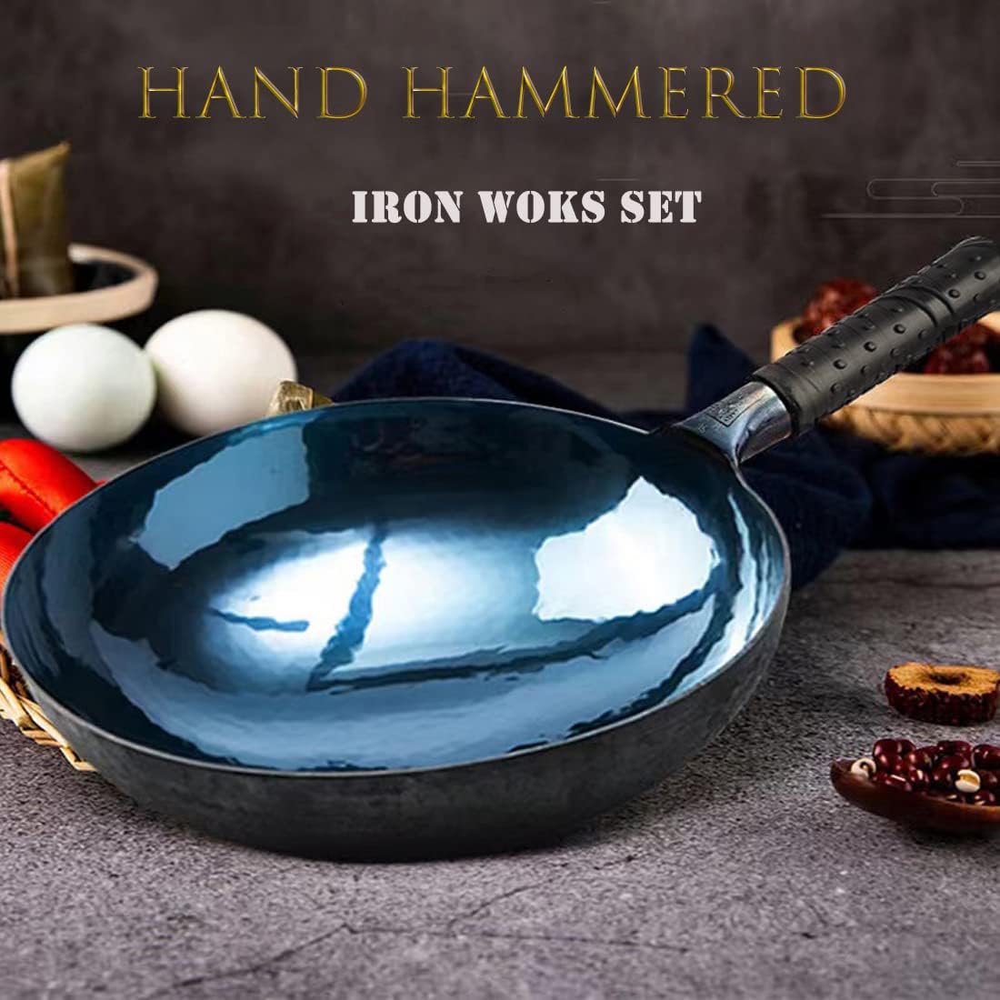 shuoguoleilei Chinese Hand Hammered Iron Woks Set, Non-stick No Coating Preseasoned Wok Blue Round Bottom Wok Pan For Electric, Induction and Gas Stoves （Blue Black-13）
