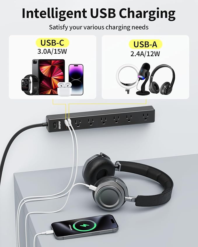 6 Ft Power Strip Surge Protector - 7 Outlets 4 USB Ports (2 USB C), Ultra Thin Flat Extension Cord & Flat Plug, 1700 Joules, Wall Mount, Desk Charging Station for Home Office Dorm, Black