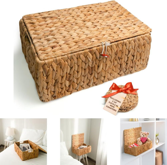 KOKODO Large Rectangular Water Hyacinth Wicker Storage Baskets with Lid, Handles and Built-in Metal Frame, Stylish and Durable Handwoven Bin Perfect for Space-saving Shelves and Room Organizing