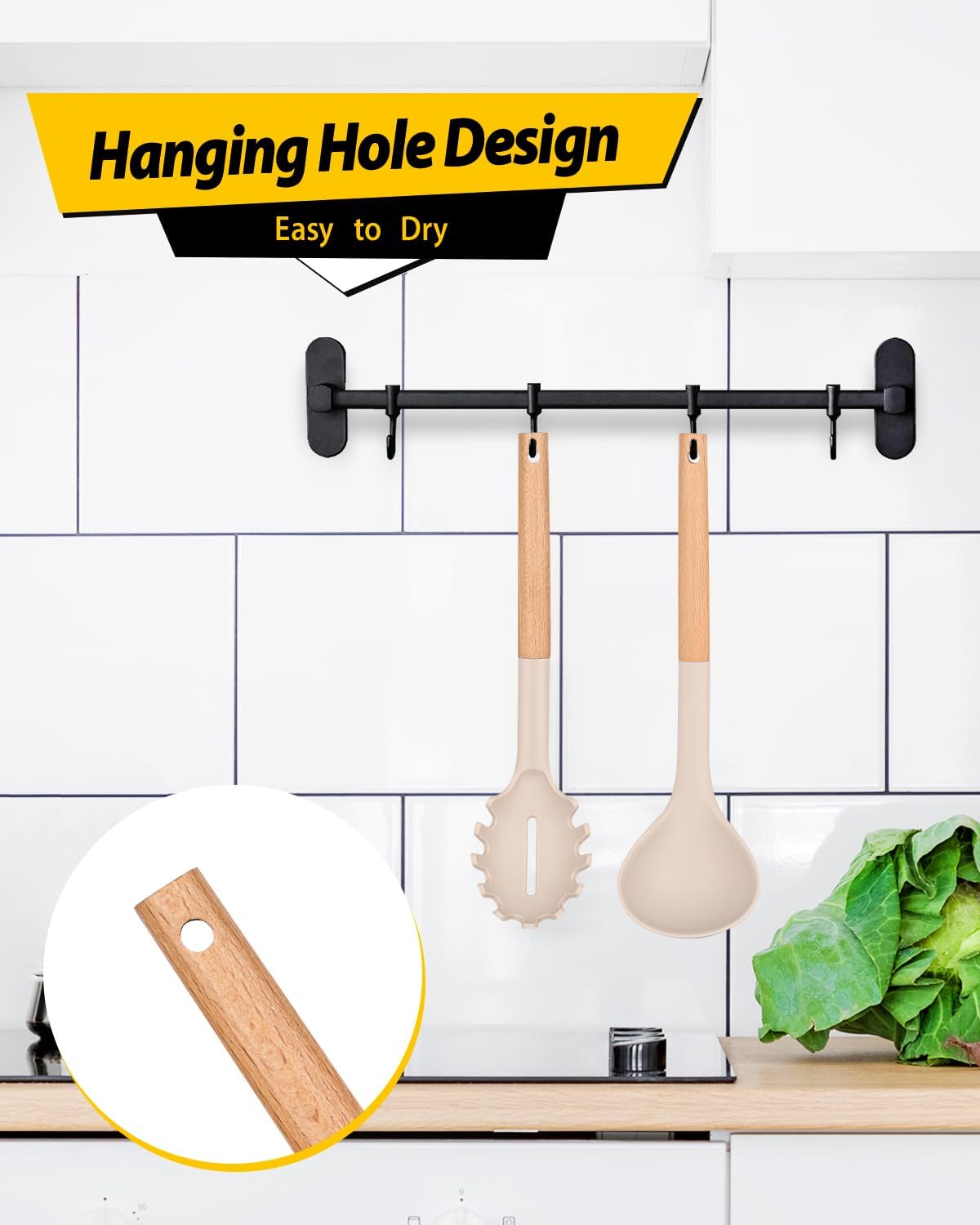Silicone Pasta Fork and Ladle Spoon Set with Wooden Handle, Heat Resistant Non Stick Kitchen Utensils for Cooking, Stirring, Serving Spaghetti, Soup, Sauce(KHAKI)