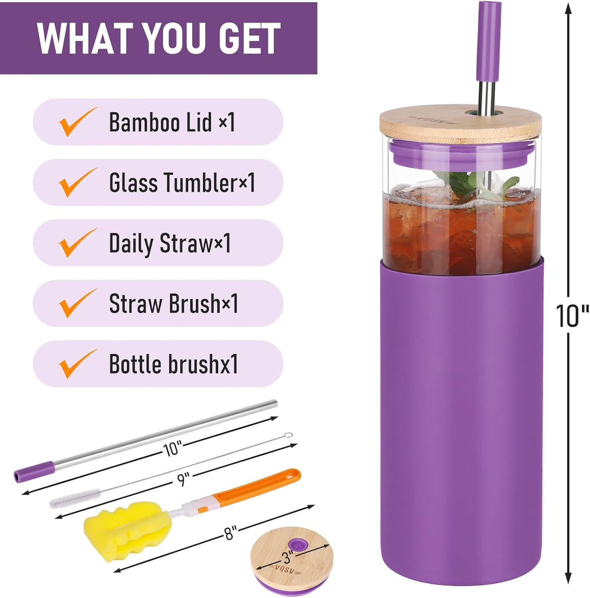 1Pack Glass Tumbler/Lid & Straw - 24oz Reusable Glass Mug w/Bamboo Lid & Stainless Steel Straw-BPA-Free Leak-Proof, Dishwasher Safe for Coffee, Smoothies, Hot Beverage, Travel, Office, Home Use