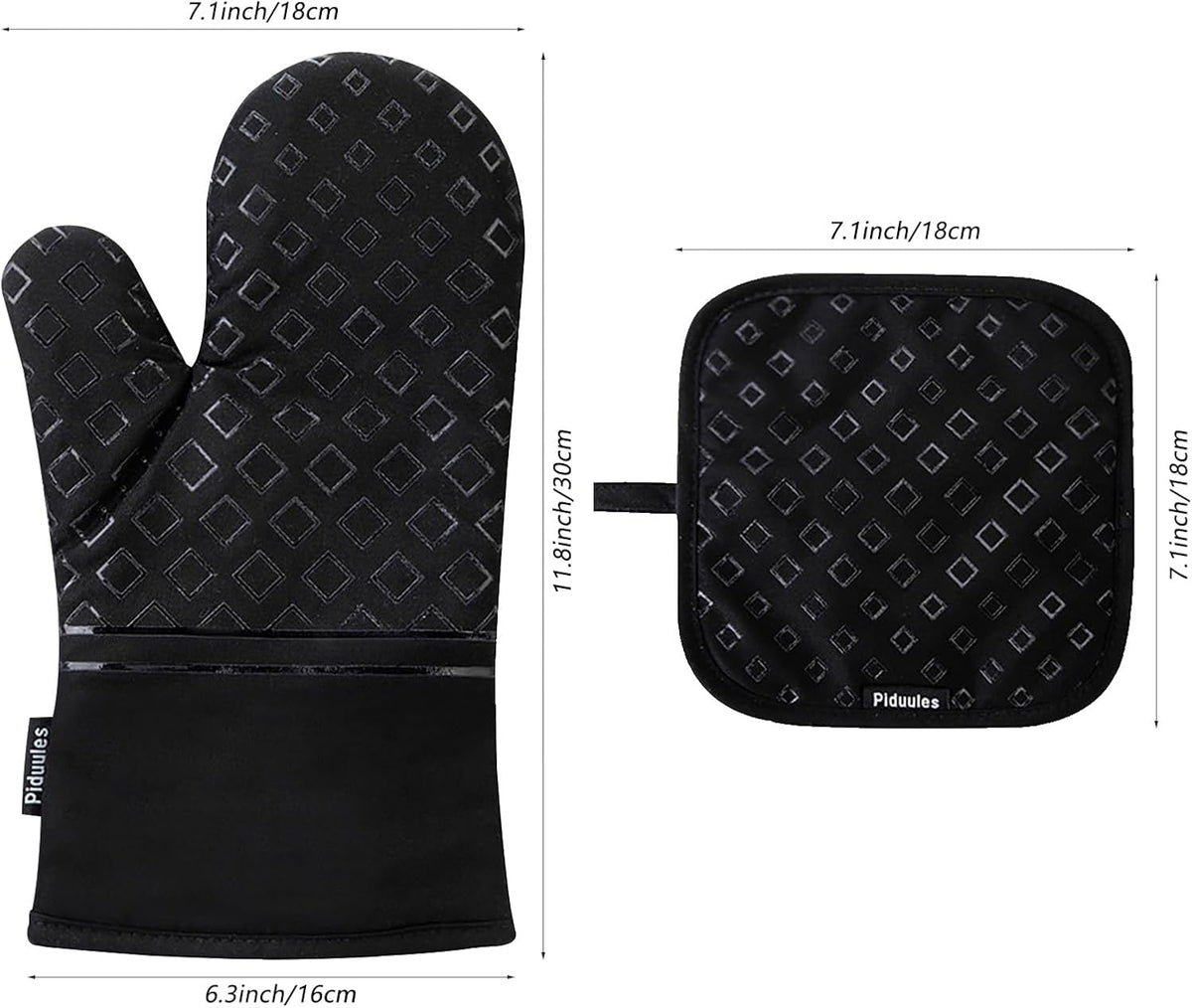 Set of 4 Oven Mitts and Pot Holders, 482 F Heat Resistant Hot Plate Moving Non-Slip Gloves for BBQ, Grill, Baking, Cooking, Oven, Microwave (Black)