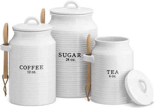 Barnyard Designs Canister Set for Kitchen Counter, Coffee Tea Sugar Container Ceramic Set, Decorative Canisters, Rustic Farmhouse Canister Jars, White (Coffee/Sugar/Tea)