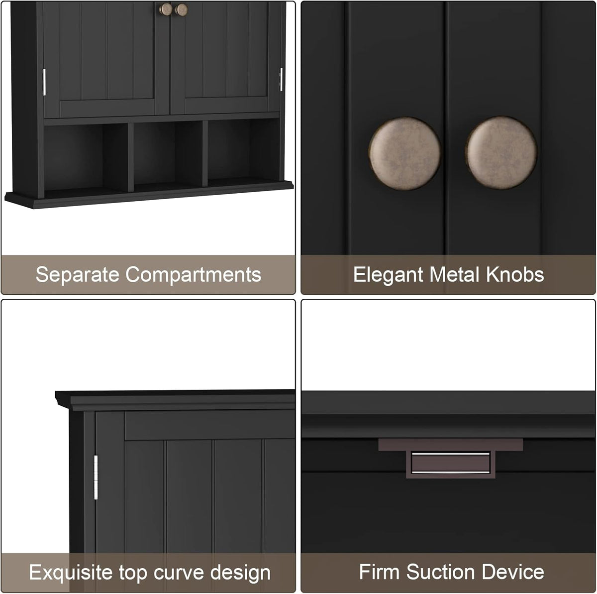 ChooChoo Bathroom Cabinet Wall Mounted 2-Door with 3 Open Shelves， Wooden Medicine Cabinets with Adjustable Shelf，Space Saver Storage Cabinets Over The Toilet for Bathroom&Living Room，Black