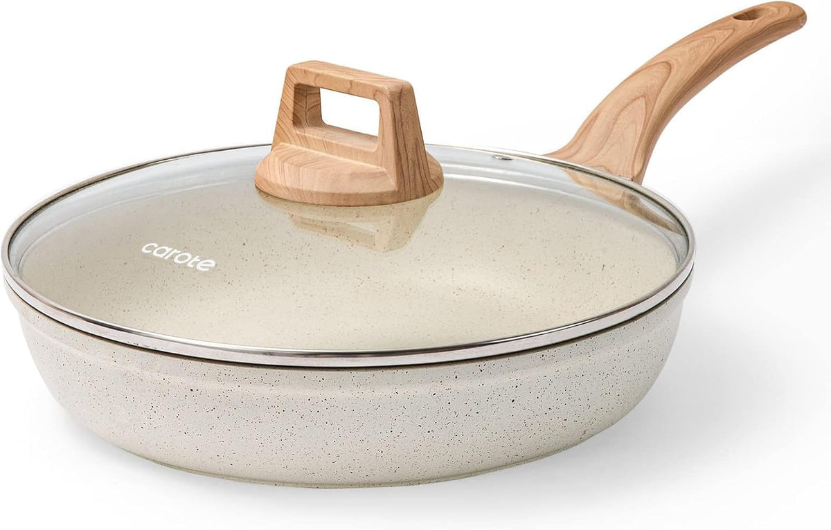 CAROTE 8 Inch Non Stick Frying Pan with Lid,White Granite Nonstick Skillet Omelet Pans, Egg Pan Granite Cookware, PFOS & PFOA Free