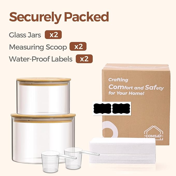 ComSaf Glass Food Storage Containers, 3.2Qt / 1.4Qt Glass Flour and Sugar Containers with Airtight Lids, 7.1'' Wide Mouth Large Glass Jars with Bamboo Lid for Rice, Pasta, Oats, Grains, Cookie, Candy