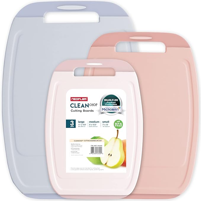 Neoflam Microban Protection Cutting Board 3 Piece Set, Stain & Odor/BPA Free, Reversable Board, Upgraded Larger Juice Groove, Non-Slip EZ Grip Handle, Dishwasher Safe, Pastel