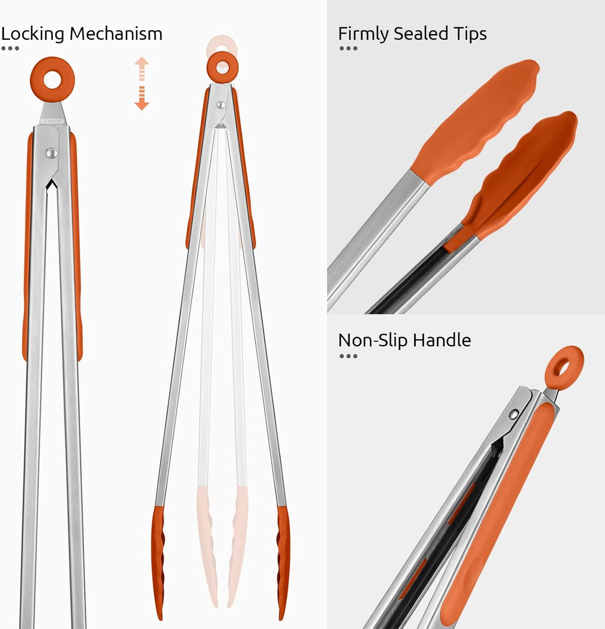 Heat Resistant Silicone Kitchen Tong: U-Taste 16 inch Extra Long Large 480ºF Hot Proof Cooking Tong with Sturdy Non Stick Rubber Tips & Non Slip Silicon Coated Steel Handle for Grilling BBQ (Orange)